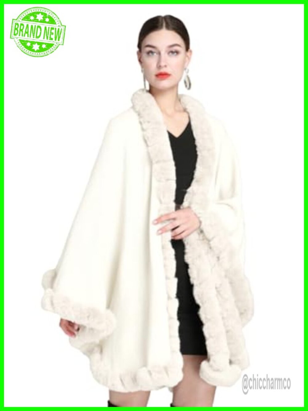 Faux Fur Trim Poncho Cape Shawl Coat Women's One Size Winter Wrap